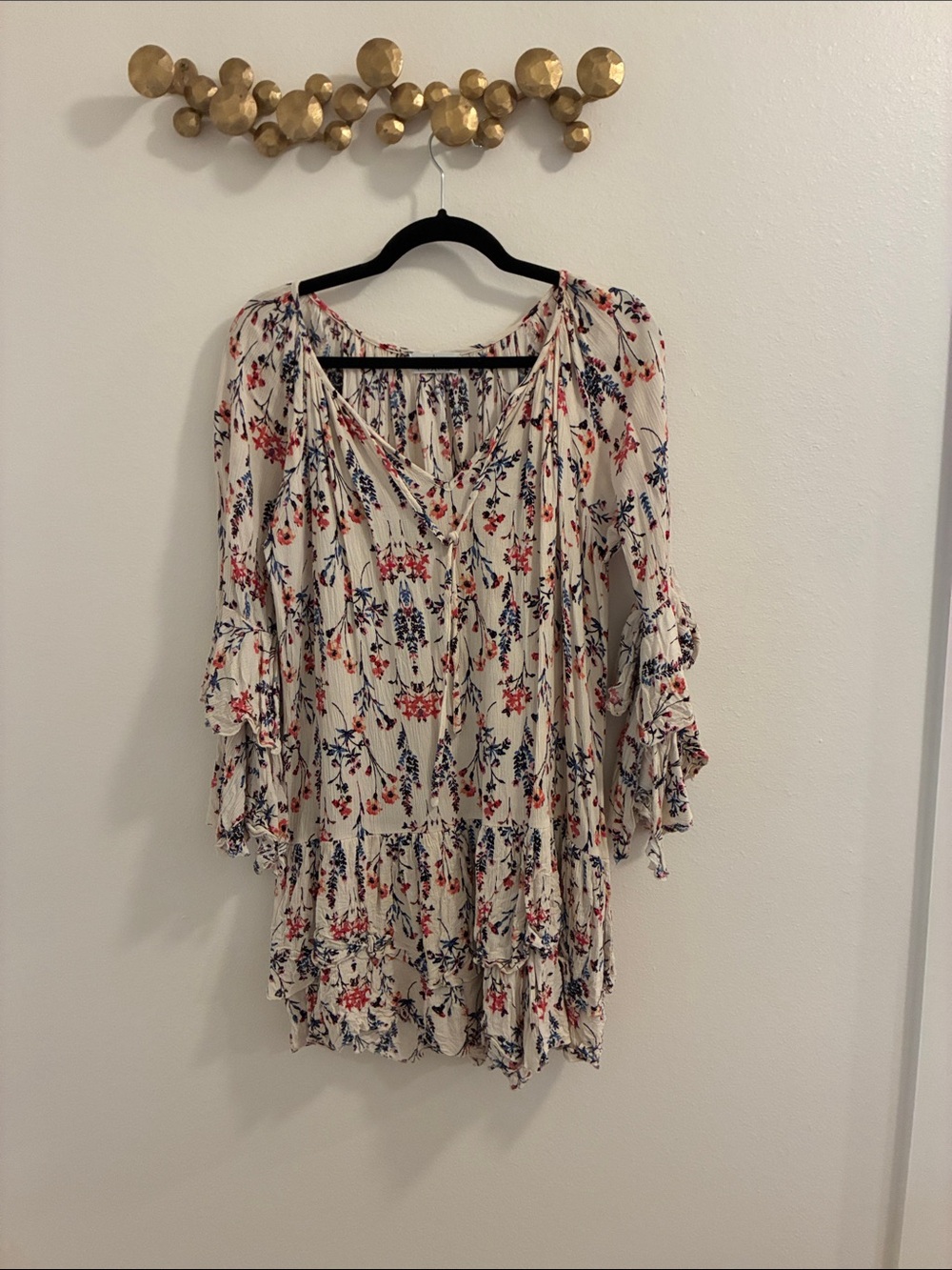 Cream Floral Tie-Neck Tiered Tunic